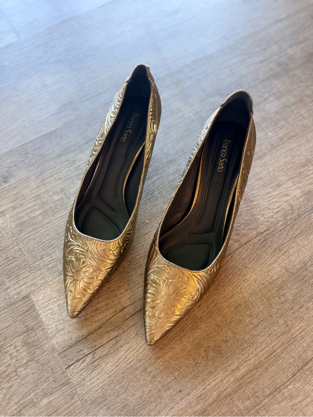 Franco Sarto Metallic Gold Embossed Kitten Heels
